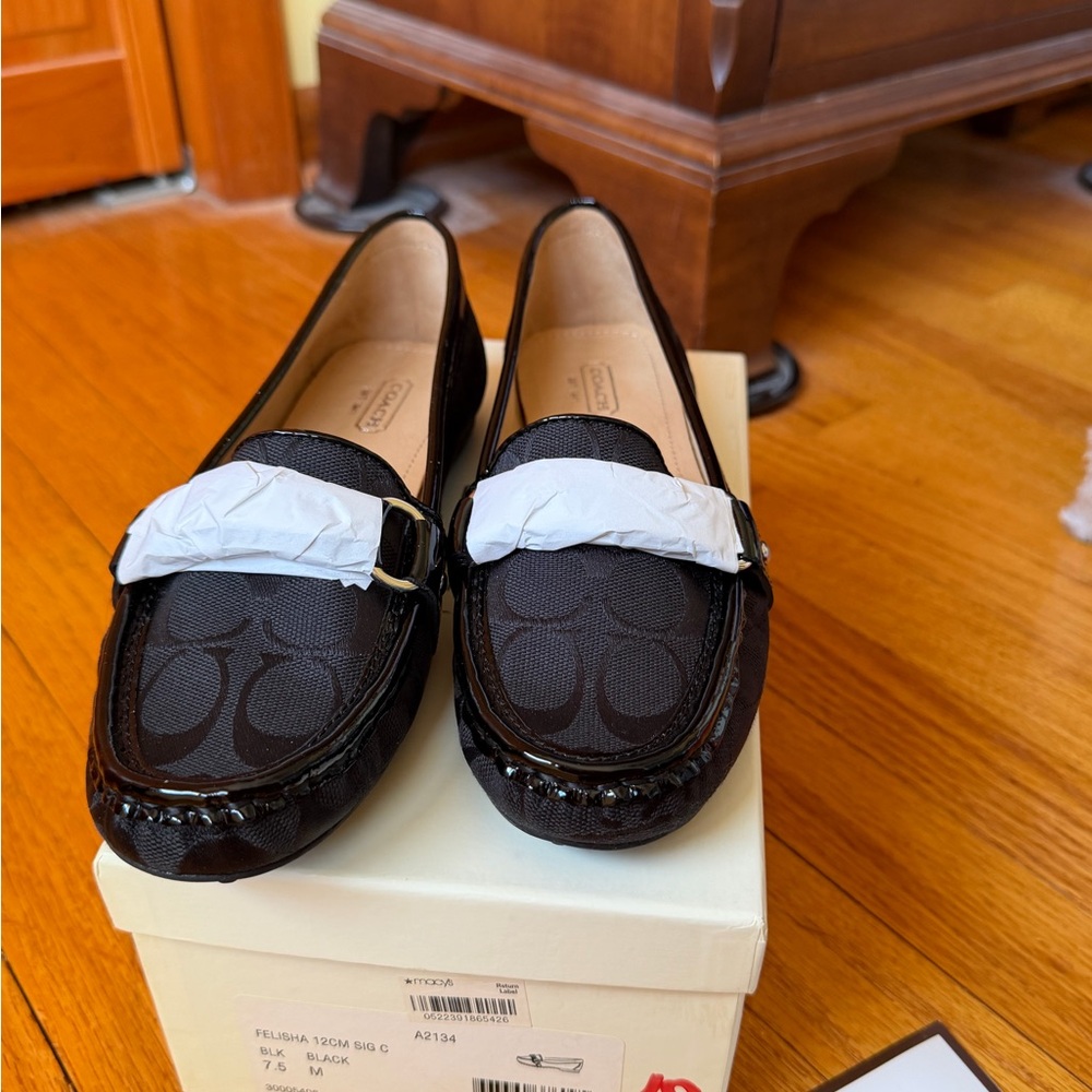 Coach Black Signature Logo Loafers with Buckle Detail
